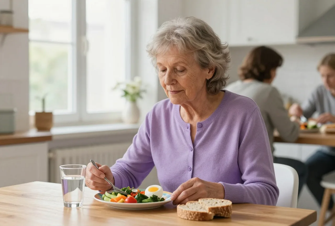 Frau in den Achtzigern isst am Mittag in einer hellen Küche eine kleine bunte Mahlzeit mit Gemüse und Ei