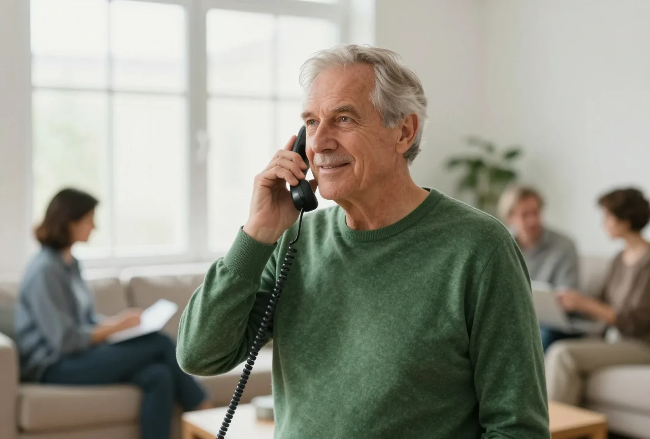 Mann in den Siebzigern telefoniert am Fenster mit einem Festnetztelefon und hört aufmerksam zu