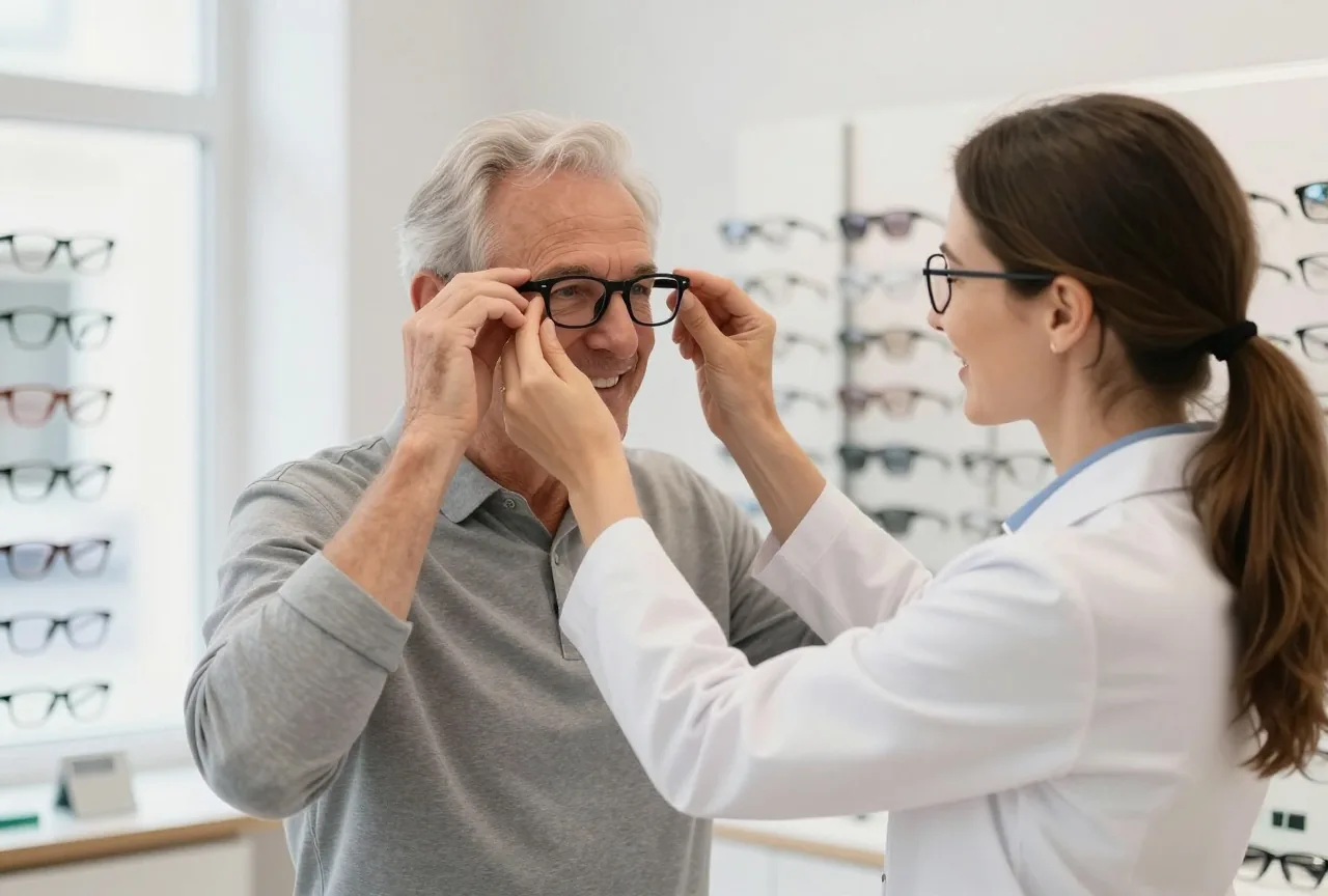 Mann in den Siebzigern probiert beim Optiker eine neue Brille an, eine Optikerin richtet das Gestell