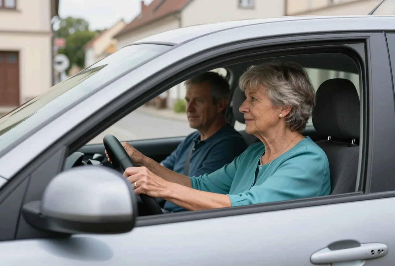 Frau in den Siebzigern sitzt am Steuer eines Autos, neben ihr spricht ein Fahrlehrer ruhig mit ihr