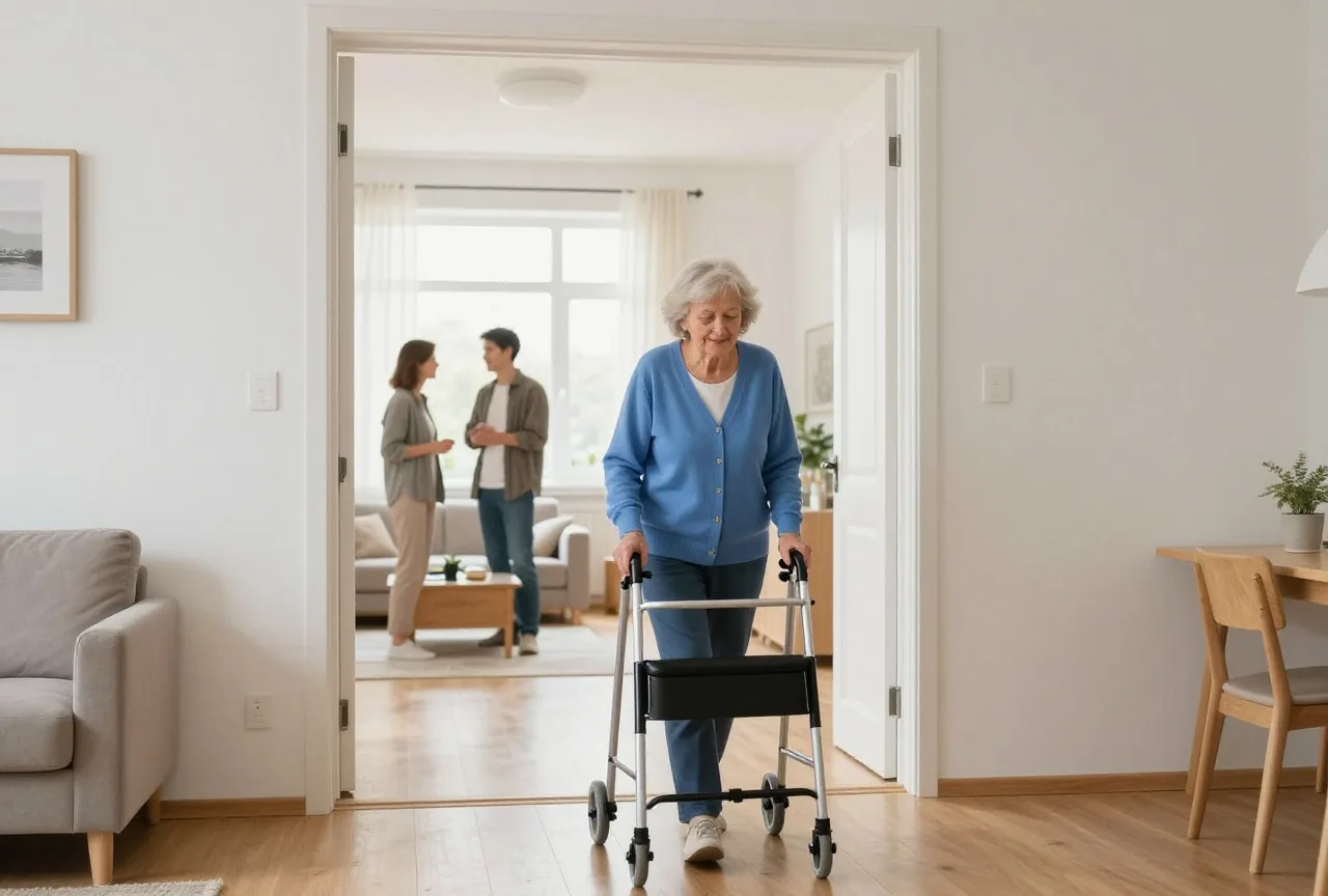 Frau in den Siebzigern geht mit Rollator durch einen breiten Durchgang in einer hellen, ebenerdigen Wohnung