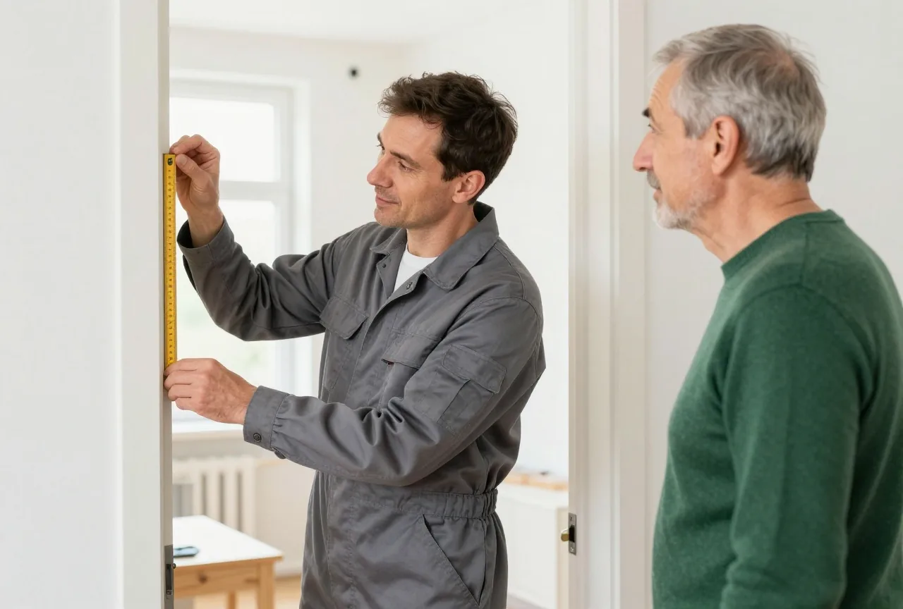 Handwerker misst eine Türöffnung mit dem Zollstock aus, ein Mann in den Siebzigern schaut zu