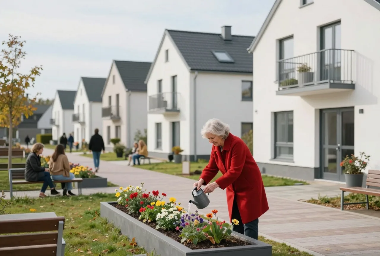 Frau in den Siebzigern gießt vor ihrer Erdgeschosswohnung in einer Wohnanlage Blumen im Hochbeet