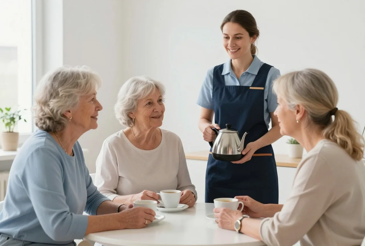 Zwei Frauen in den Achtzigern trinken im Gemeinschaftsraum Kaffee, eine Mitarbeiterin bringt eine Kanne
