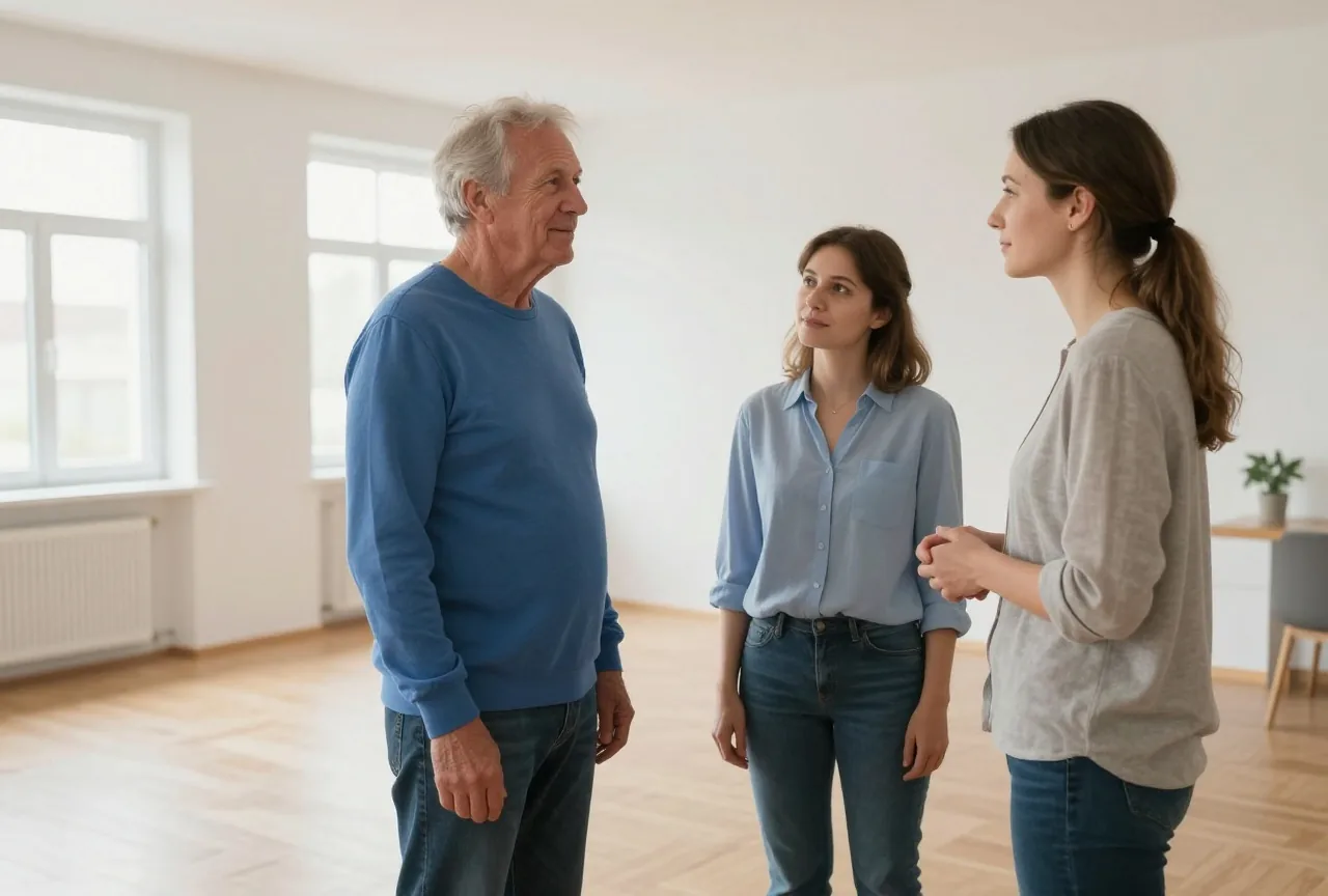 Mann in den Siebzigern besichtigt mit seiner Tochter und einer Verwalterin eine helle, leere Wohnung