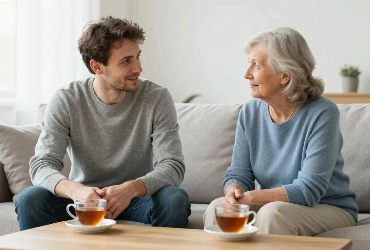 Sohn in den Fünfzigern sitzt neben seiner Mutter auf dem Sofa und spricht aufmerksam mit ihr