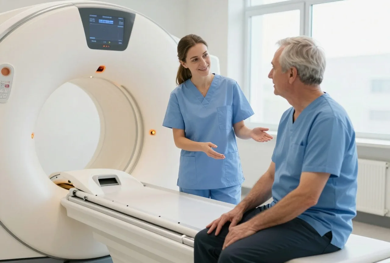 Medizinische Fachkraft erklärt einem Mann in den Siebzigern im Untersuchungsraum den Ablauf am Kernspintomographen