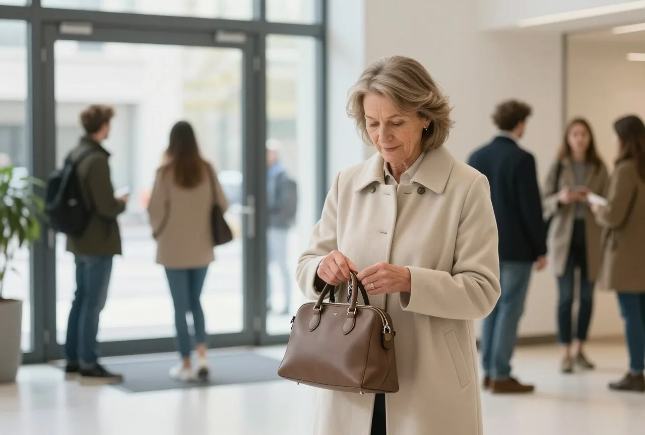 Frau in den Siebzigern sucht in einer hellen Diele gelassen in ihrer Handtasche nach dem Schlüssel