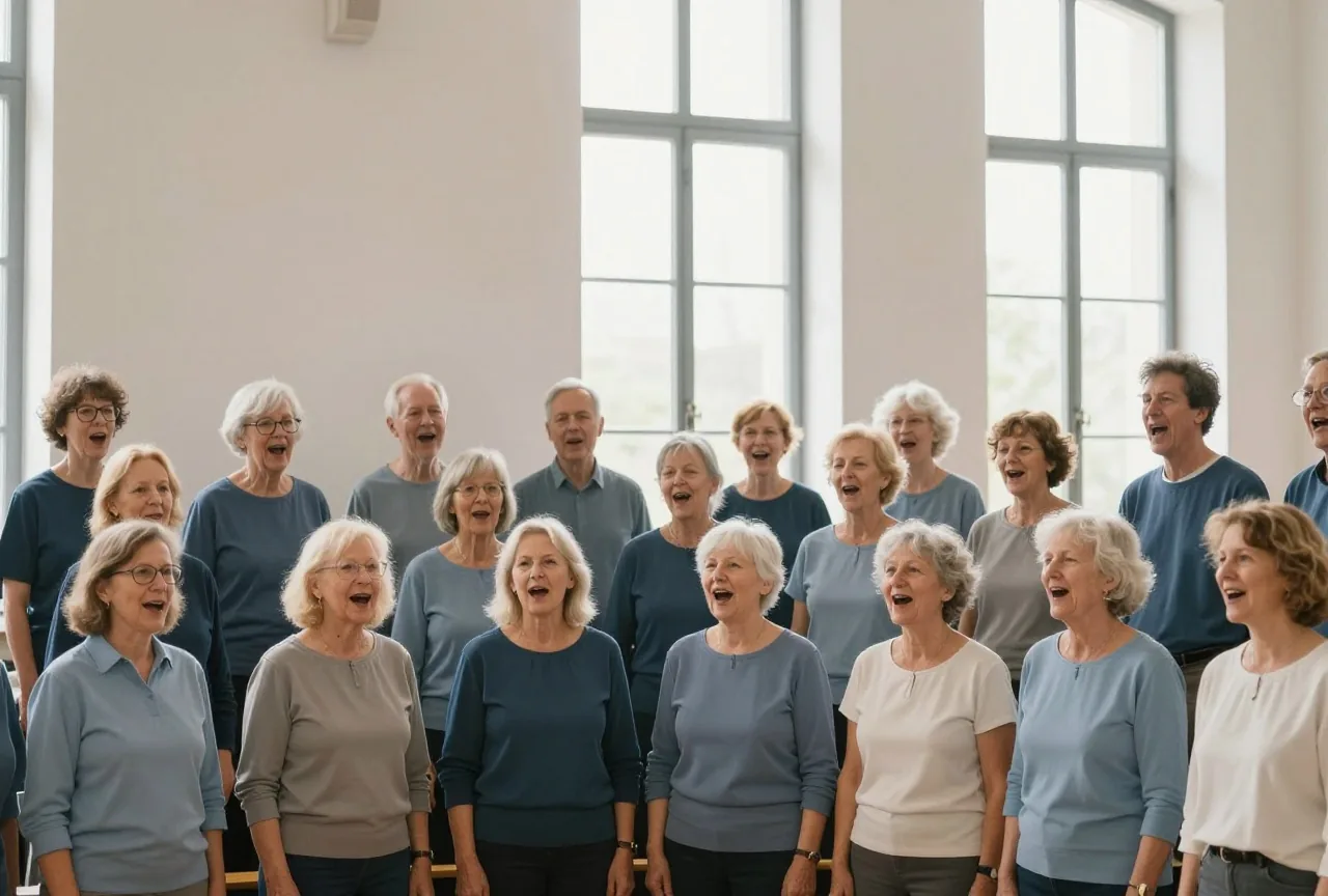 Ältere Frauen und Männer singen in einem hellen Gemeindesaal gemeinsam im Chor