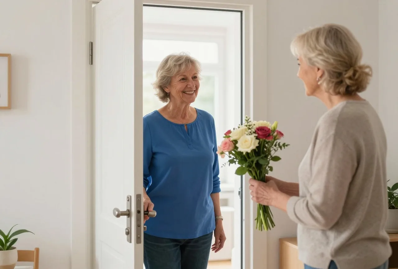 Frau in den Achtzigern öffnet einer Nachbarin die Tür, die ihr einen kleinen Blumenstrauß bringt