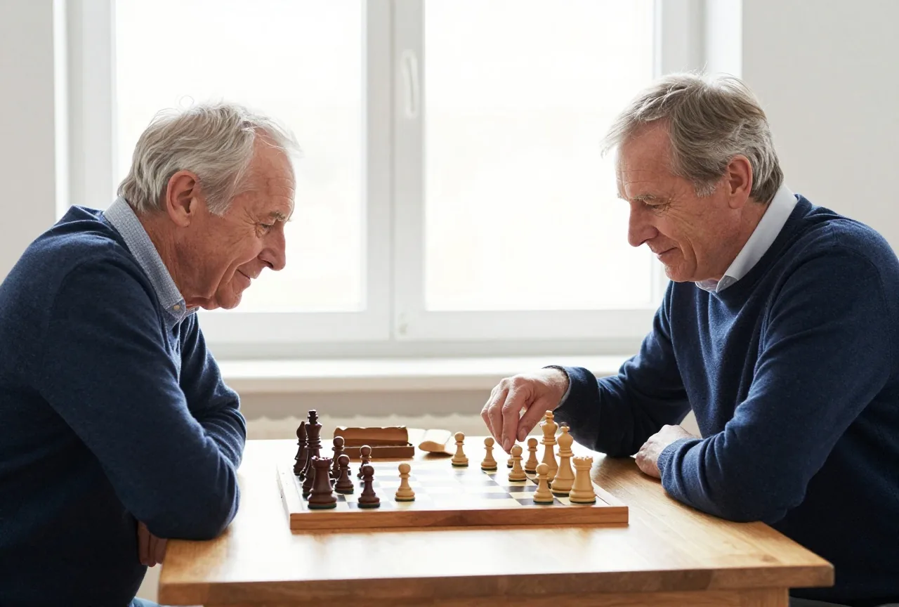 Zwei Männer in den Siebzigern spielen konzentriert Schach an einem Holztisch am Fenster