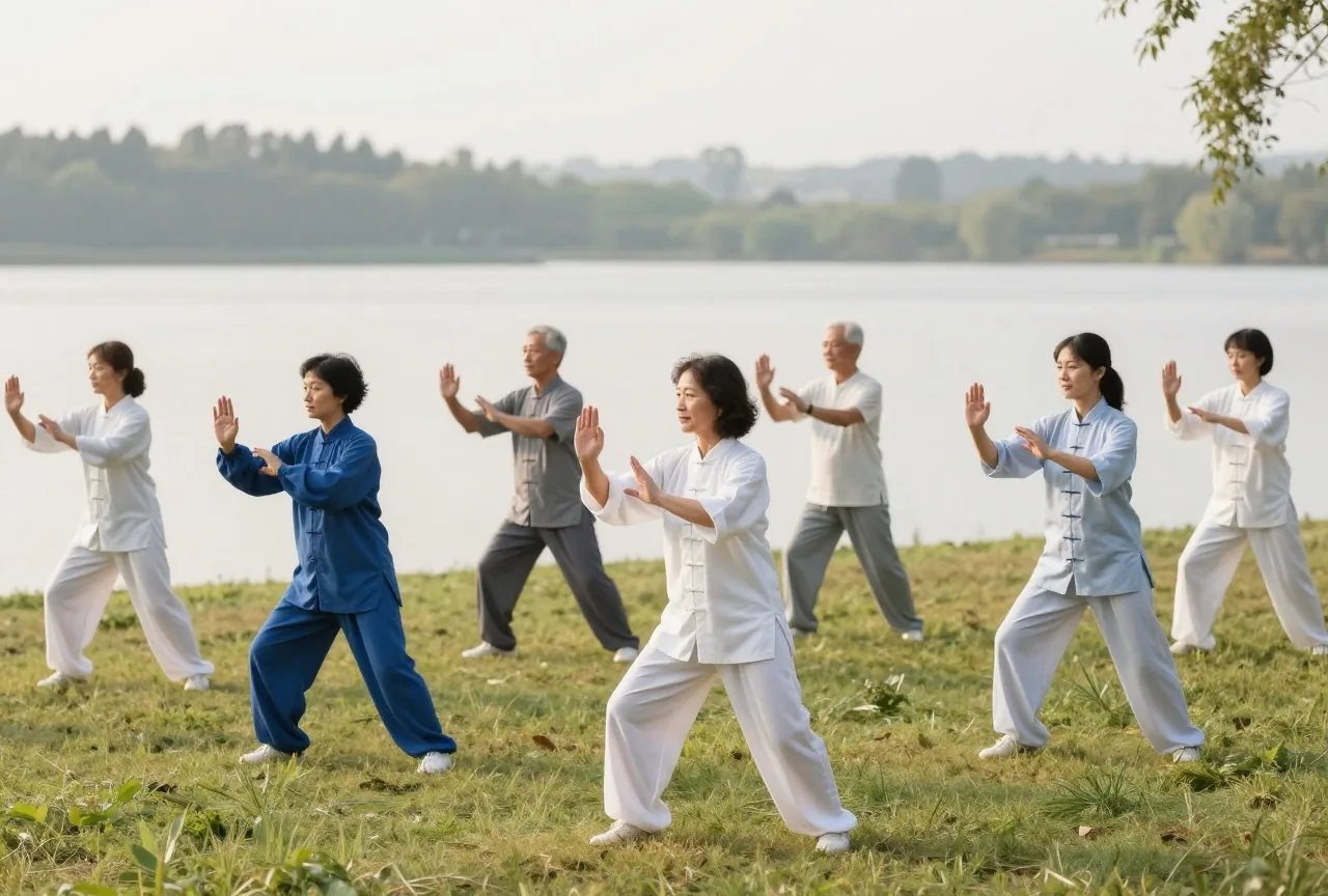 Kleine Gruppe älterer Menschen macht am Morgen auf einer Wiese am See langsame Tai-Chi-Bewegungen