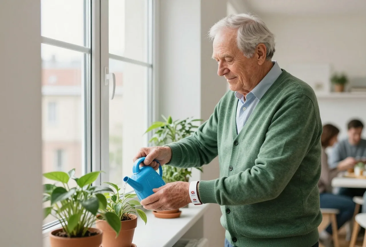 Mann in den Achtzigern gießt Zimmerpflanzen auf der Fensterbank, am Handgelenk ein schlichtes Notrufarmband