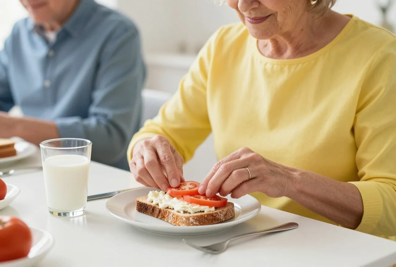 Frau in den Siebzigern bestreicht am Frühstückstisch ein Vollkornbrot und legt Tomatenscheiben darauf