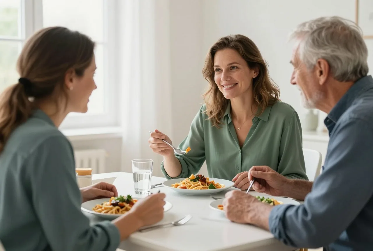 Frau in den Fünfzigern isst mit ihrem Vater in den Achtzigern gemeinsam zu Mittag