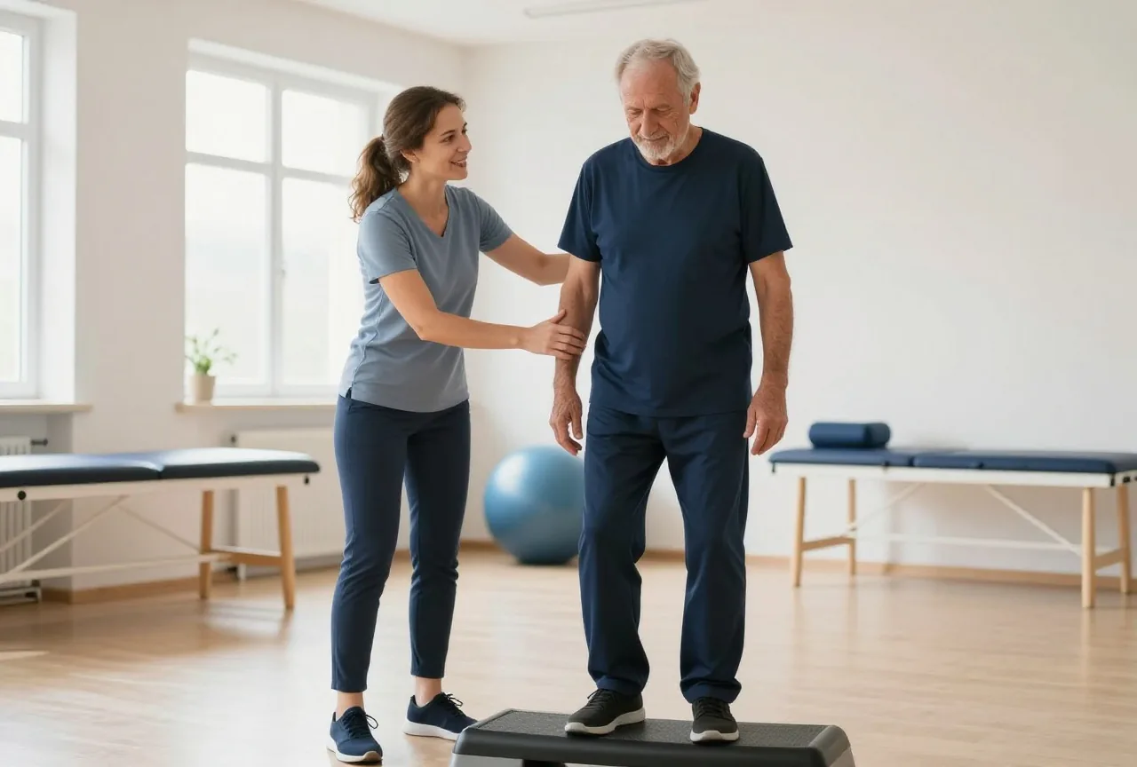 Physiotherapeutin begleitet einen Mann in den Siebzigern bei einer Stufenübung in einem hellen Übungsraum