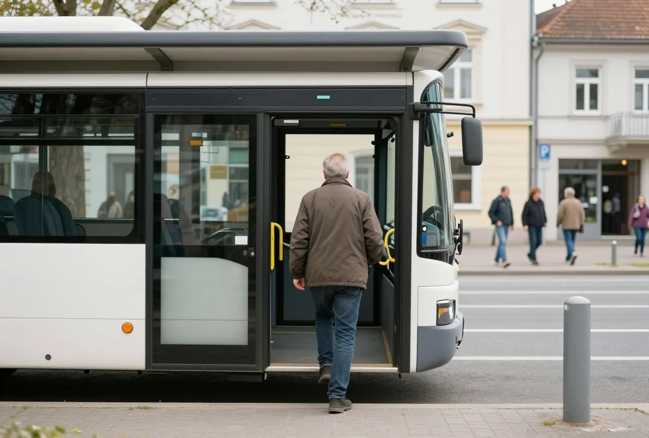 Mann in den Siebzigern steigt an einer Haltestelle durch die breite Tür in einen Niederflurbus