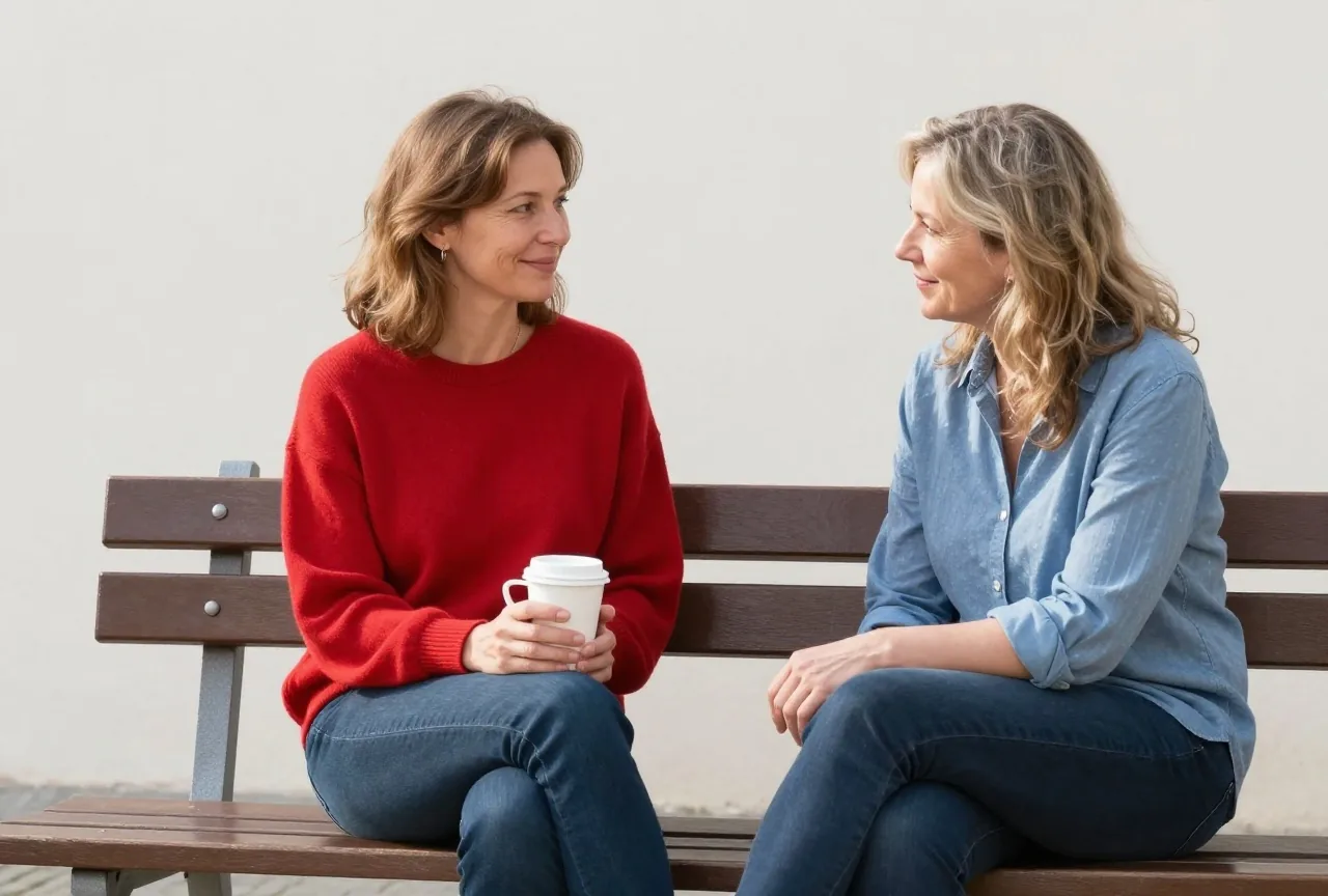 Frau in den Fünfzigern macht auf einer Gartenbank mit einer Freundin eine Kaffeepause