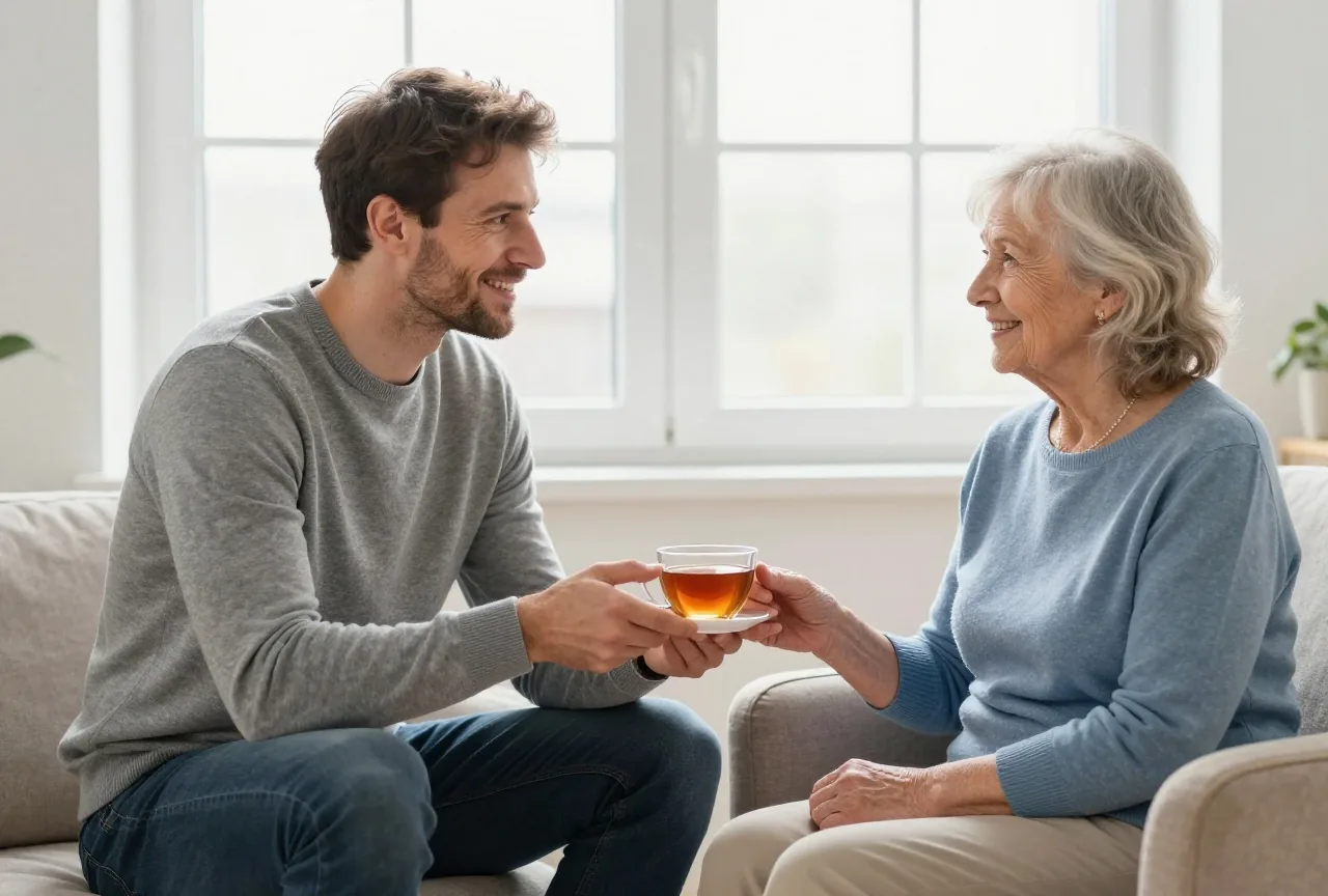 Mann in den Fünfzigern reicht seiner Mutter im Sessel am Fenster eine Tasse Tee
