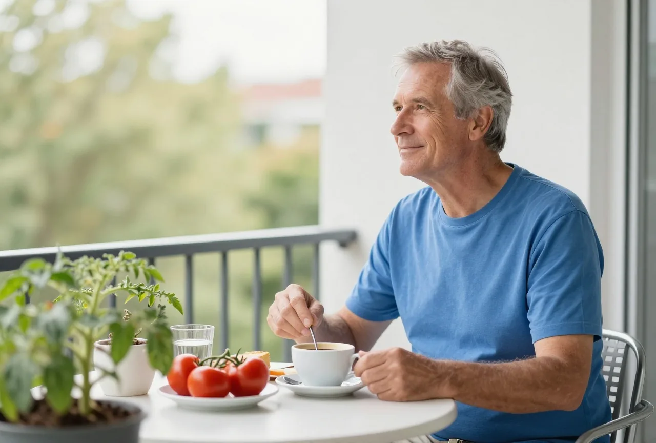 Mann in den Sechzigern frühstückt in der Morgensonne auf dem Balkon zwischen Tomatenpflanzen