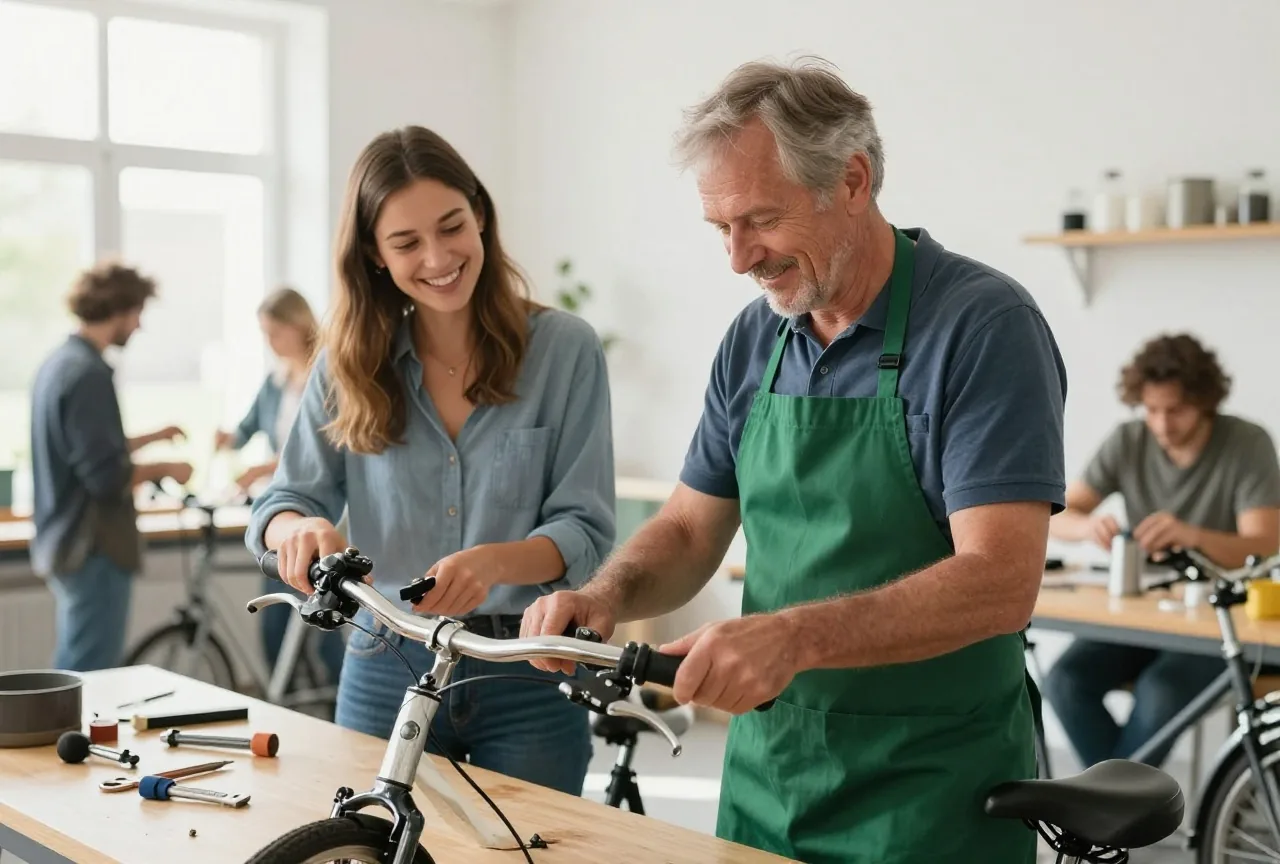 Mann in den Sechzigern repariert in einem Reparaturcafé mit einer jungen Frau ein Fahrrad
