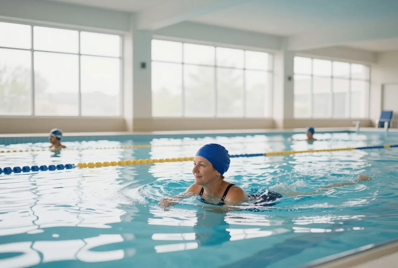 Frau in den Sechzigern schwimmt am Vormittag ruhig ihre Bahnen in einem hellen Hallenbad