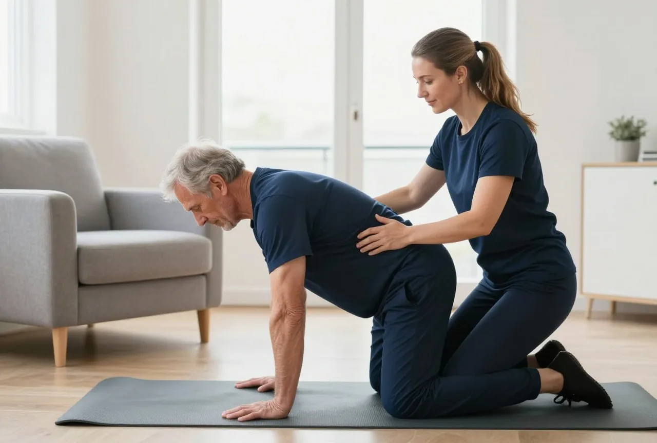 Mann in den Siebzigern übt mit einer Physiotherapeutin, sich am Sessel vom Boden aufzurichten